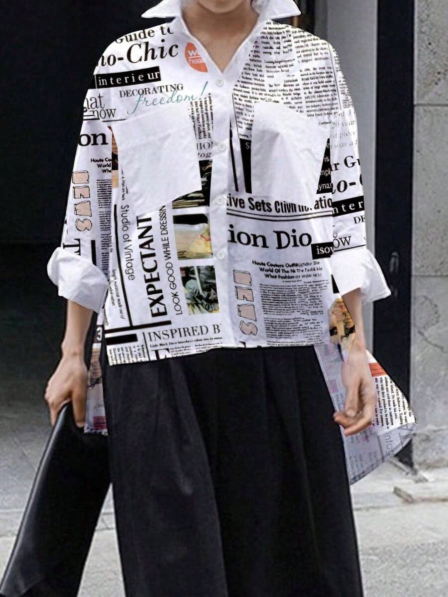 Women's Front Button Long Sleeve Casual Shirt With Minimalist Slogan Print Spring