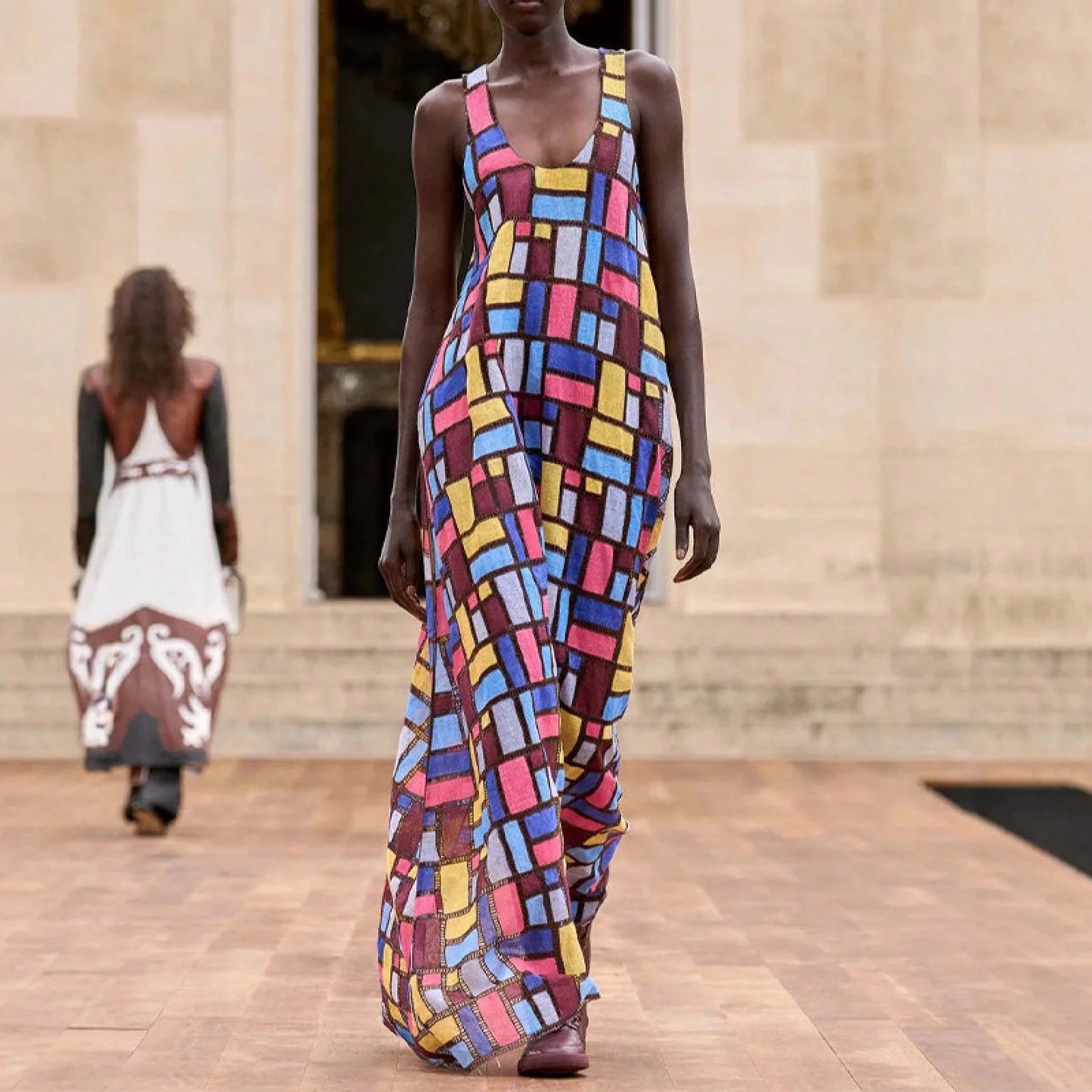 Women's Geometric Grid Print Maxi Dress- Sleeveless Scoop Neck A-Line Casual Summer Dress