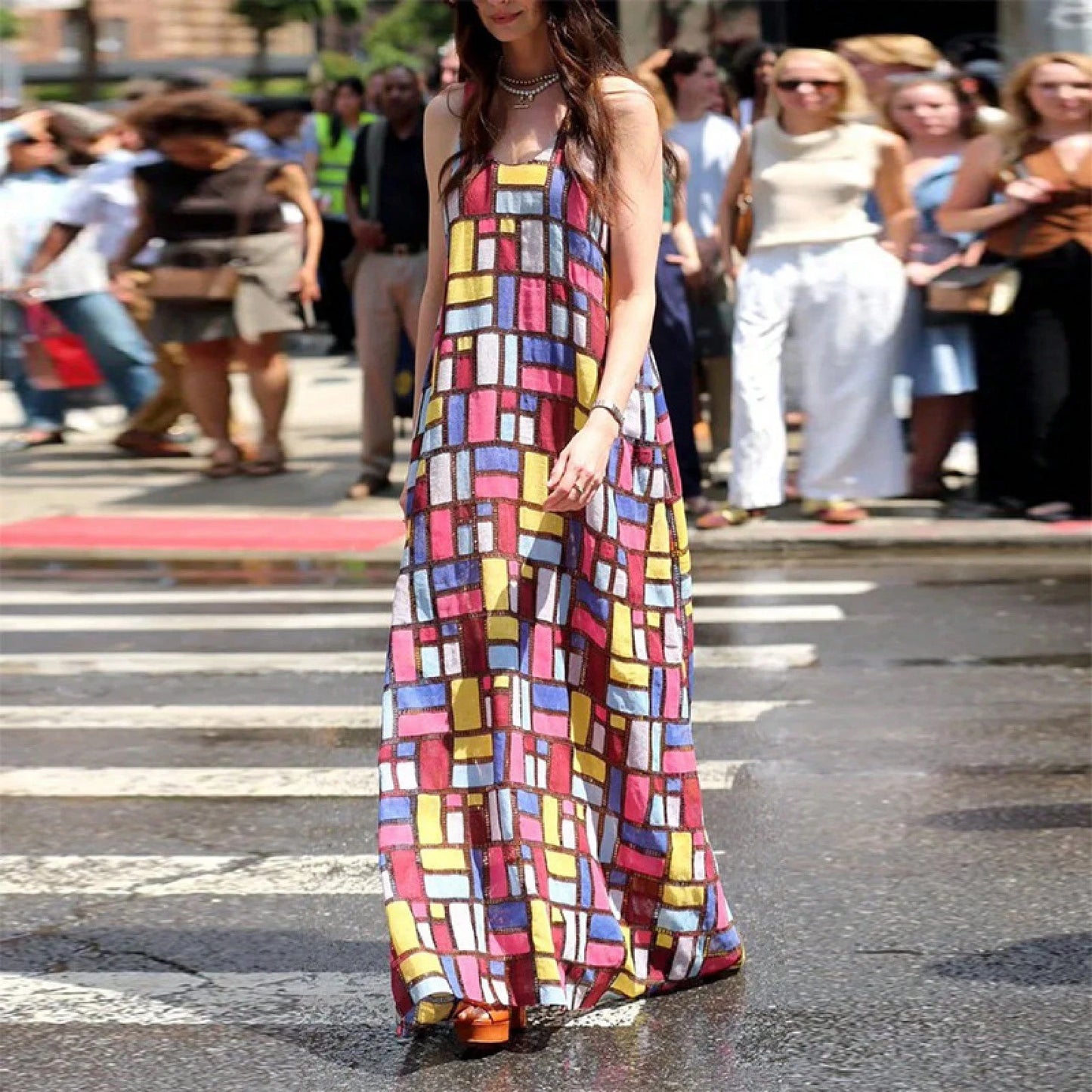 Women's Geometric Grid Print Maxi Dress- Sleeveless Scoop Neck A-Line Casual Summer Dress