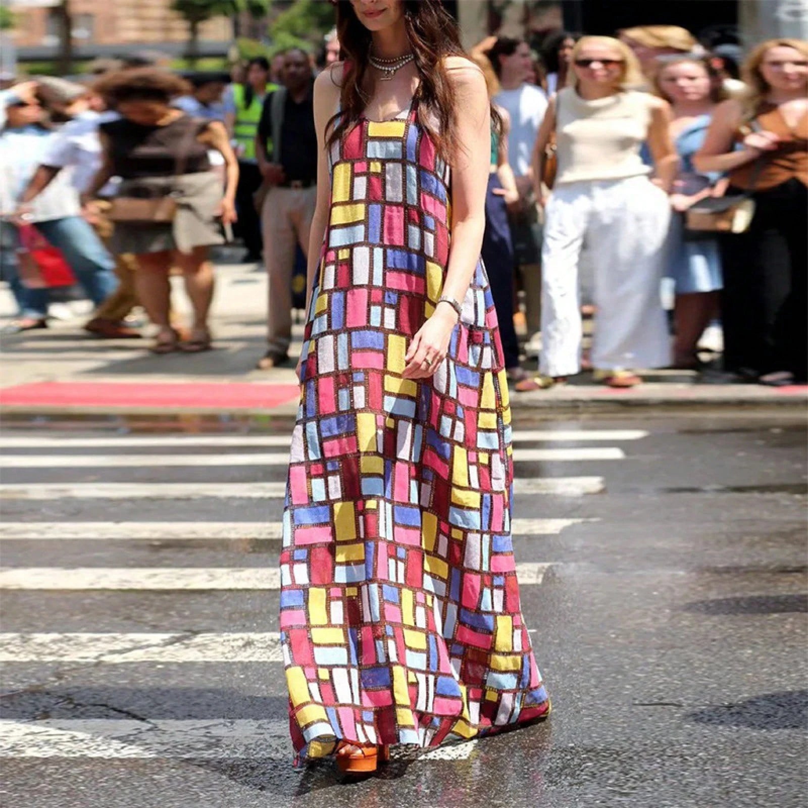 Women's Geometric Grid Print Maxi Dress- Sleeveless Scoop Neck A-Line Casual Summer Dress