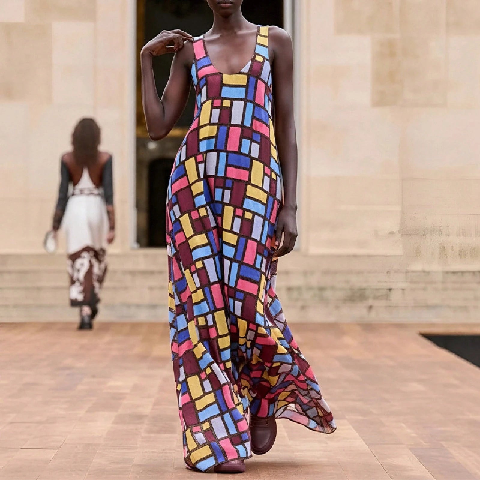 Women's Geometric Grid Print Maxi Dress- Sleeveless Scoop Neck A-Line Casual Summer Dress