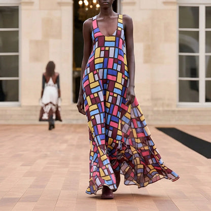 Women's Geometric Grid Print Maxi Dress- Sleeveless Scoop Neck A-Line Casual Summer Dress
