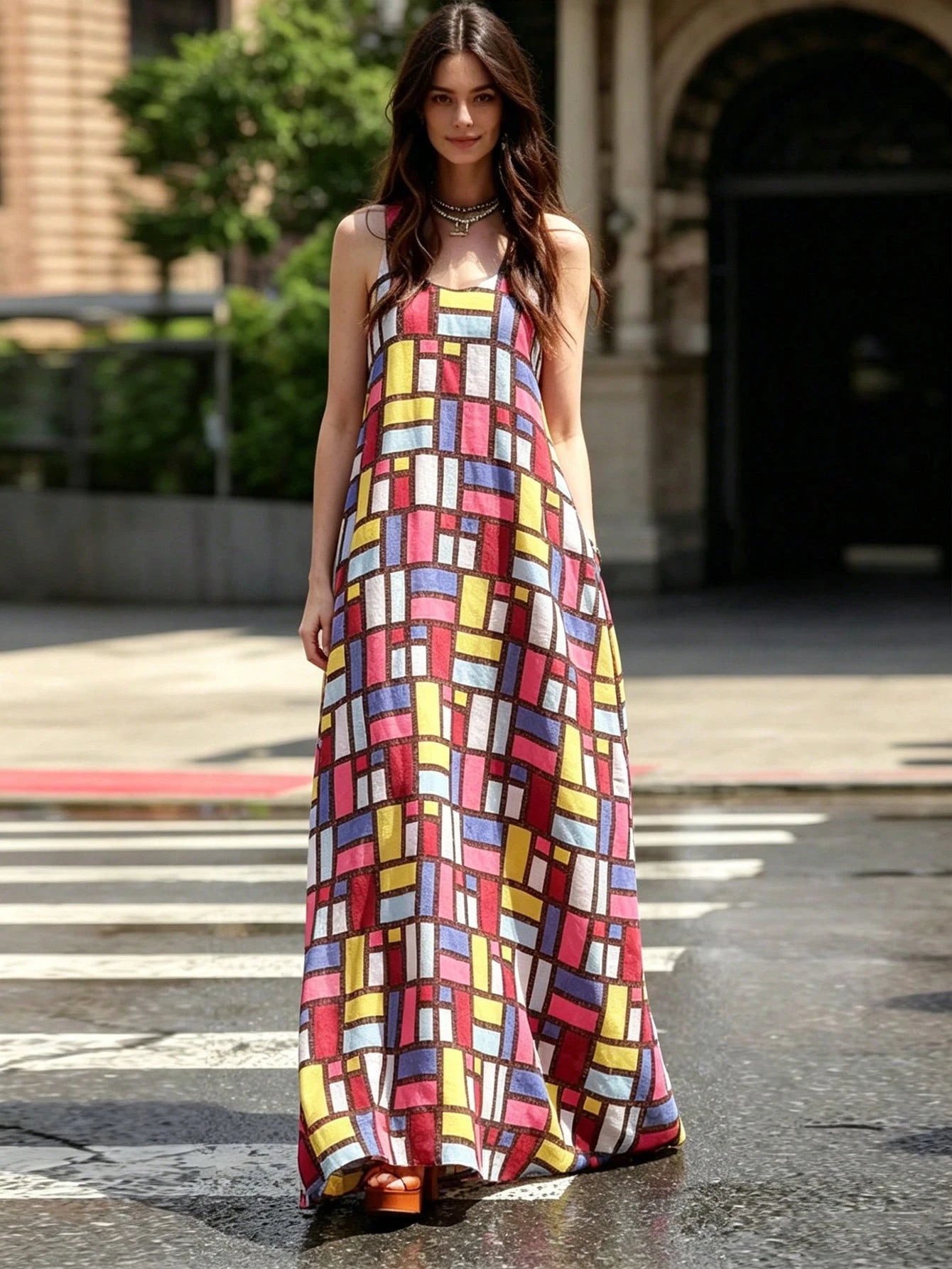 Women's Geometric Grid Print Maxi Dress- Sleeveless Scoop Neck A-Line Casual Summer Dress