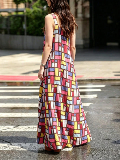 Women's Geometric Grid Print Maxi Dress- Sleeveless Scoop Neck A-Line Casual Summer Dress