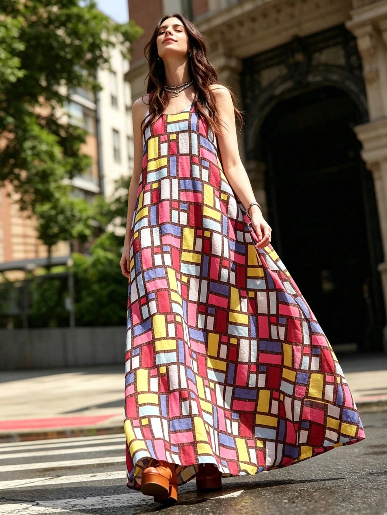 Women's Geometric Grid Print Maxi Dress- Sleeveless Scoop Neck A-Line Casual Summer Dress
