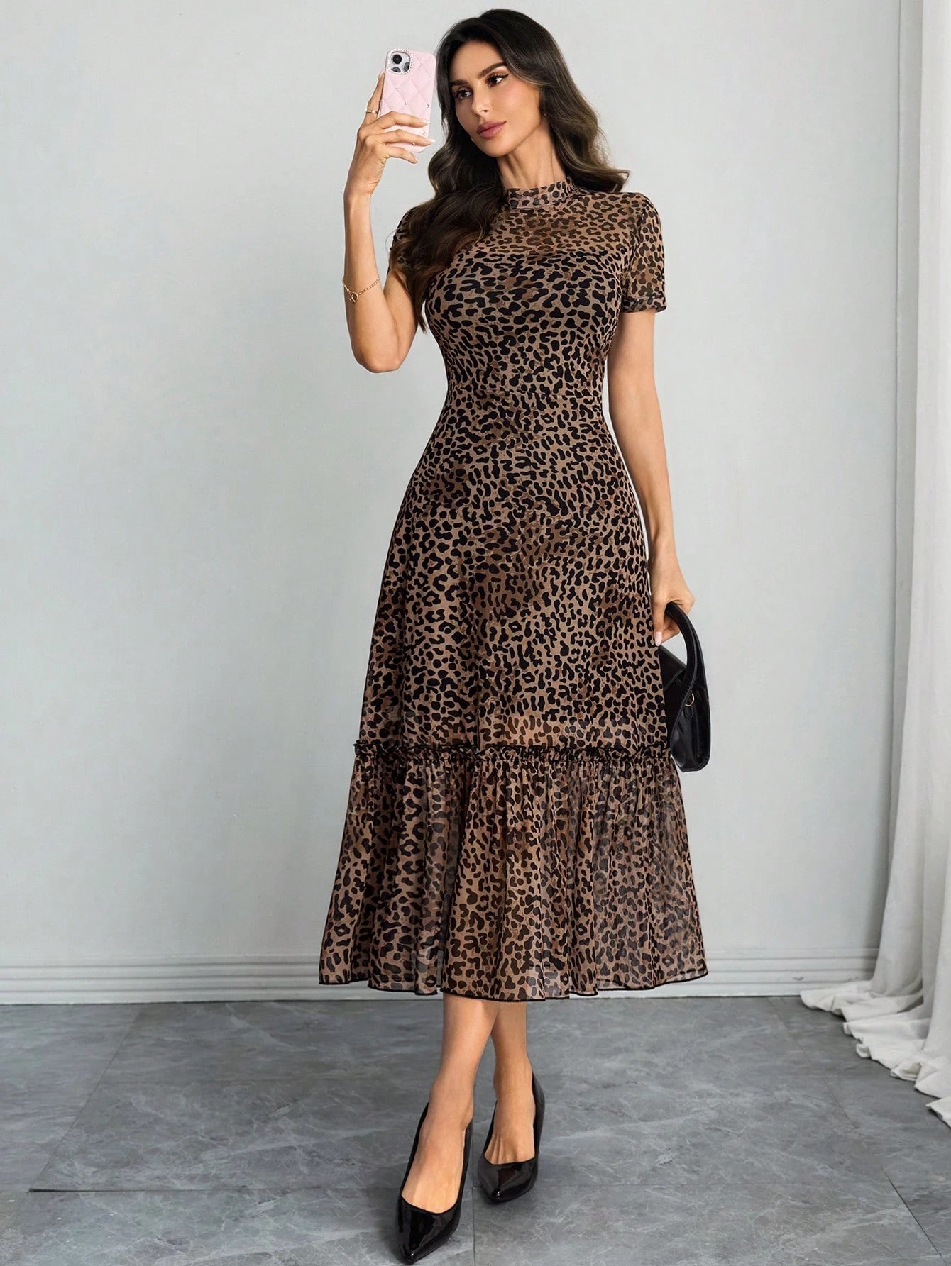 Women's Gothic Elegant Black Base Colorful Floral Print Mesh Round Neck Short Sleeve Waist Ruffle Hem Maxi Dress Summer