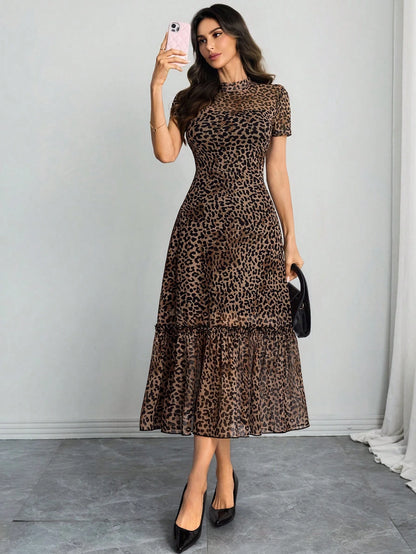 Women's Gothic Elegant Black Base Colorful Floral Print Mesh Round Neck Short Sleeve Waist Ruffle Hem Maxi Dress Summer