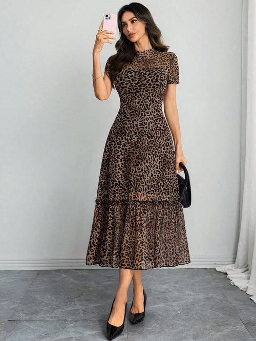 Women's Gothic Elegant Black Base Colorful Floral Print Mesh Round Neck Short Sleeve Waist Ruffle Hem Maxi Dress Summer