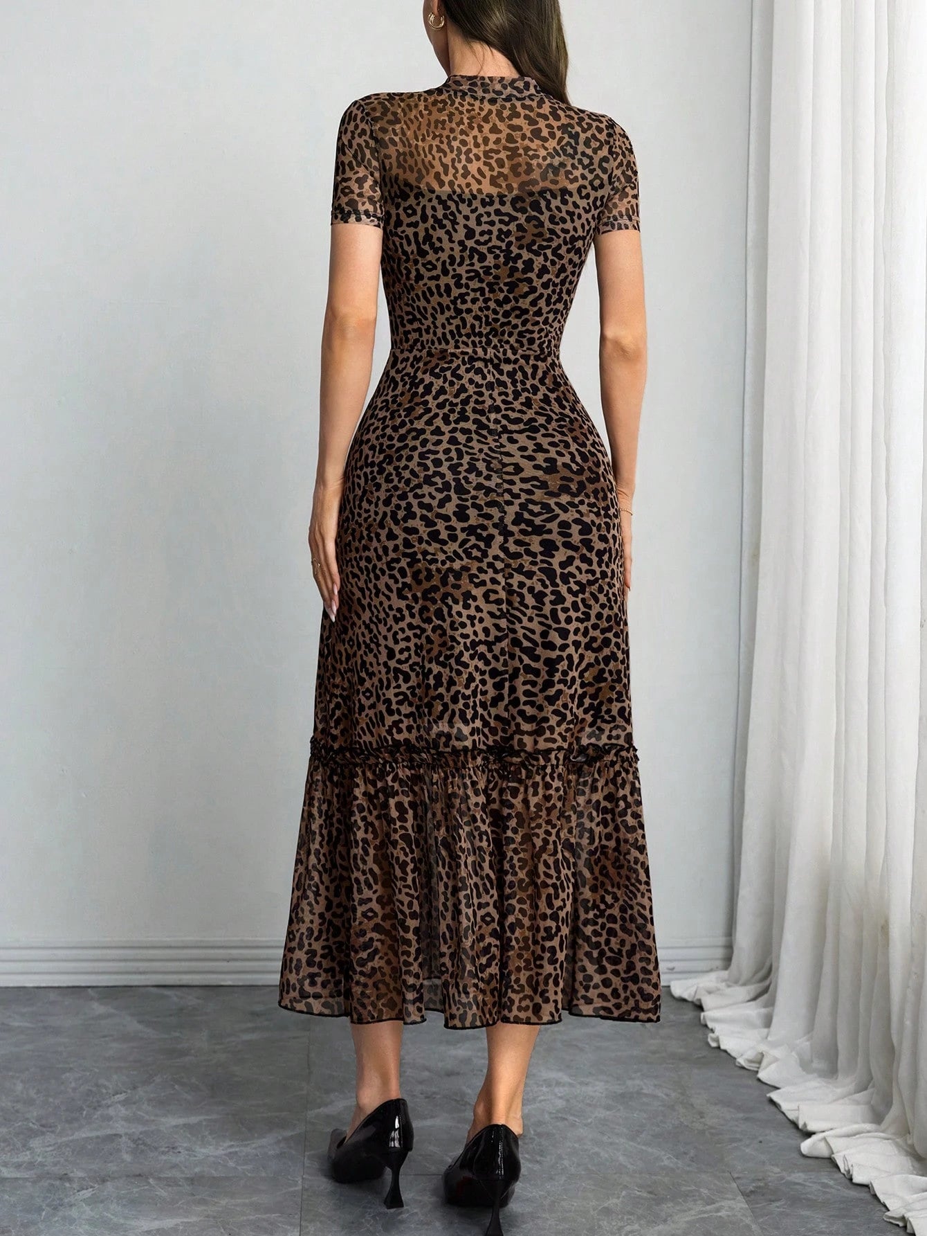 Women's Gothic Elegant Black Base Colorful Floral Print Mesh Round Neck Short Sleeve Waist Ruffle Hem Maxi Dress Summer