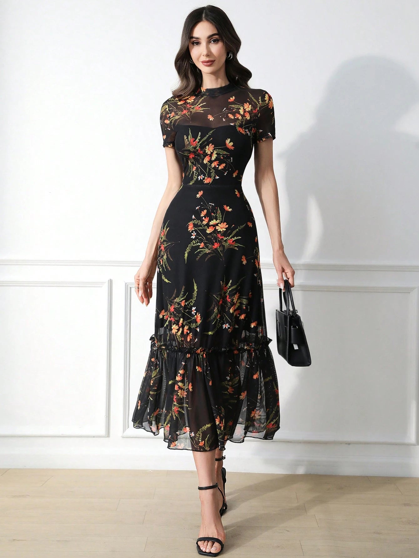 Women's Gothic Elegant Black Base Colorful Floral Print Mesh Round Neck Short Sleeve Waist Ruffle Hem Maxi Dress Summer