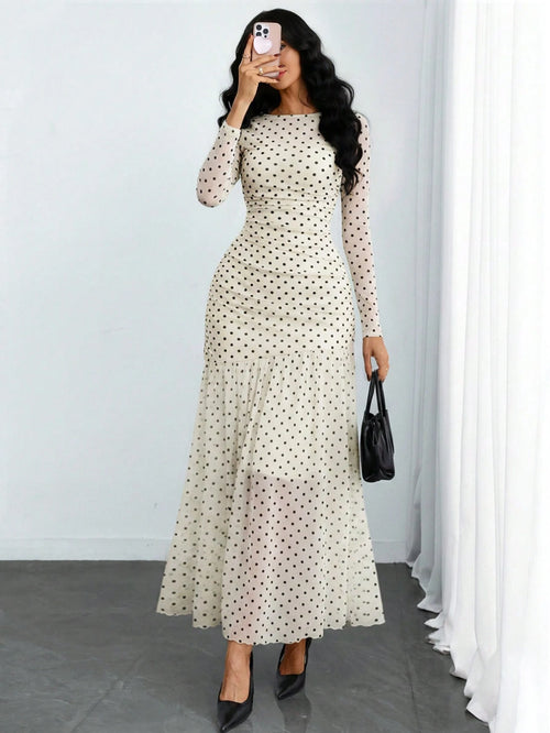 Women's Gothic Sexy & Elegant Modern Contrast Stripe Asymmetrical Ruffle Waist Double-Layer Mesh Long Sleeve Dress, Suitable For Dates, Vacations And Daily Commute Spring