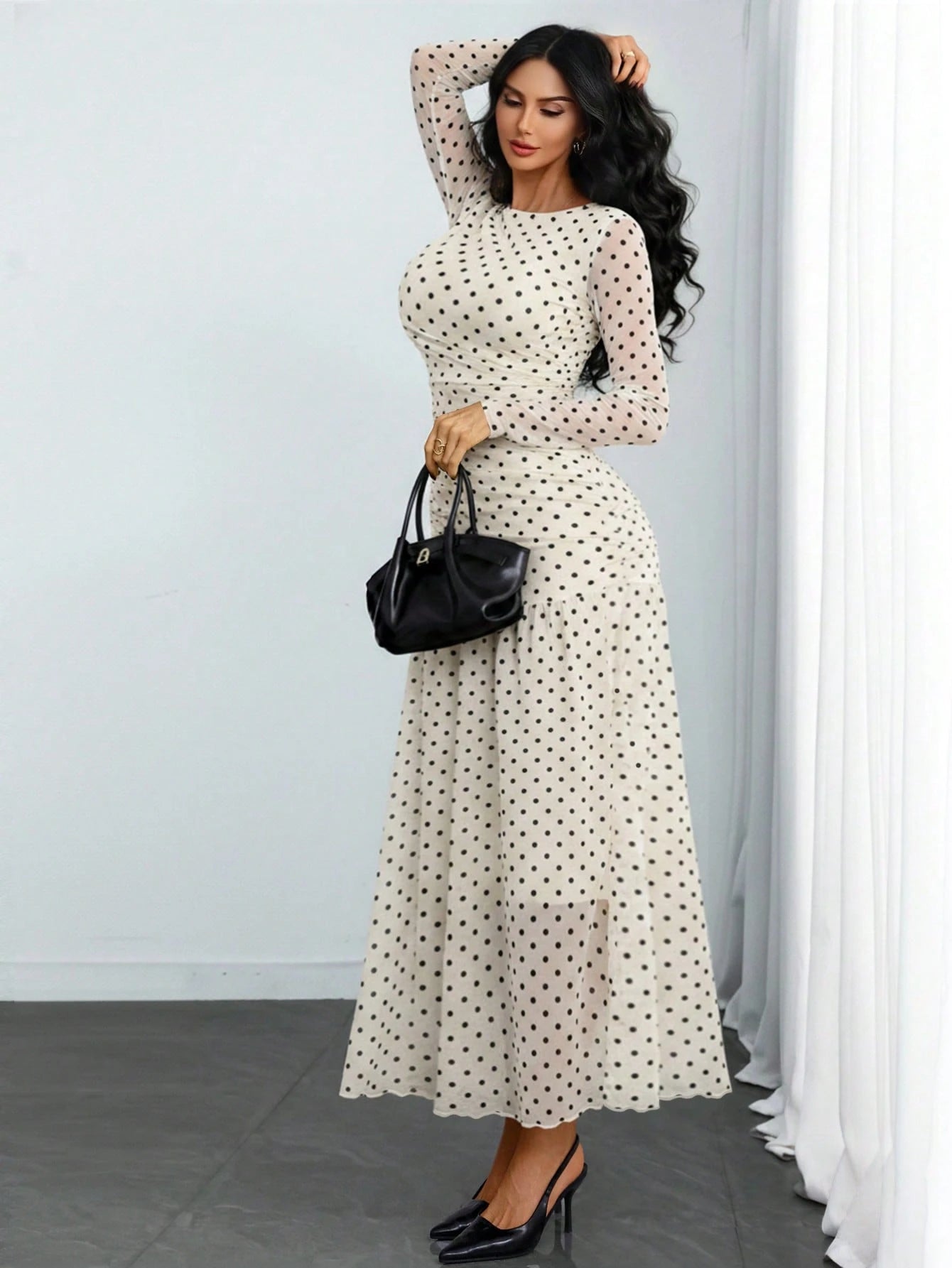 Women's Gothic Sexy & Elegant Modern Contrast Stripe Asymmetrical Ruffle Waist Double-Layer Mesh Long Sleeve Dress, Suitable For Dates, Vacations And Daily Commute Spring