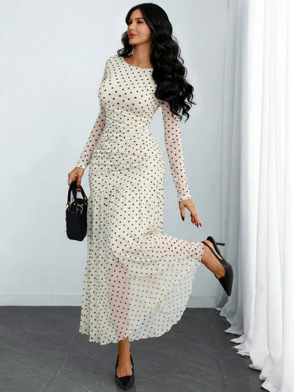 Women's Gothic Sexy & Elegant Modern Contrast Stripe Asymmetrical Ruffle Waist Double-Layer Mesh Long Sleeve Dress, Suitable For Dates, Vacations And Daily Commute Spring