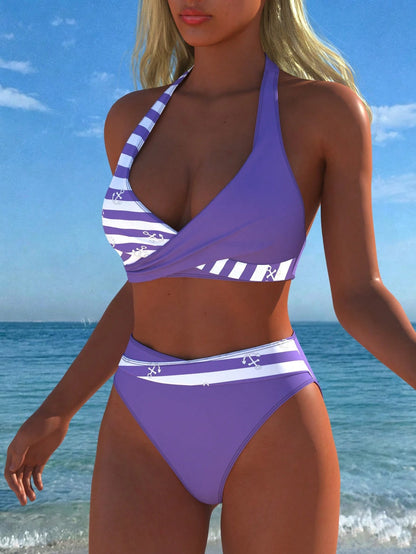 Women's Halter Bikini Set, Anchor Floral Print & Striped Details, Sexy Swimwear, Suitable For Beach, Holiday, Summer Vacation, Travel Outfit, New Arrival