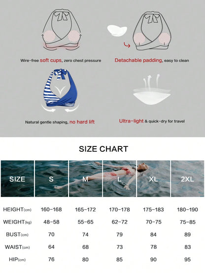 Women's Halter Bikini Set, Anchor Floral Print & Striped Details, Sexy Swimwear, Suitable For Beach, Holiday, Summer Vacation, Travel Outfit, New Arrival