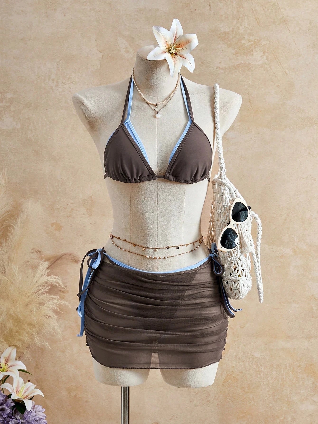 Women's Halter Brown Contrast Color Bikini Set, Mesh Skirt Cover-Up, Chic 3 Piece Swimsuit,Vacation Pool/Yacht Boat Party Summer,Casual Sexy Beachwear