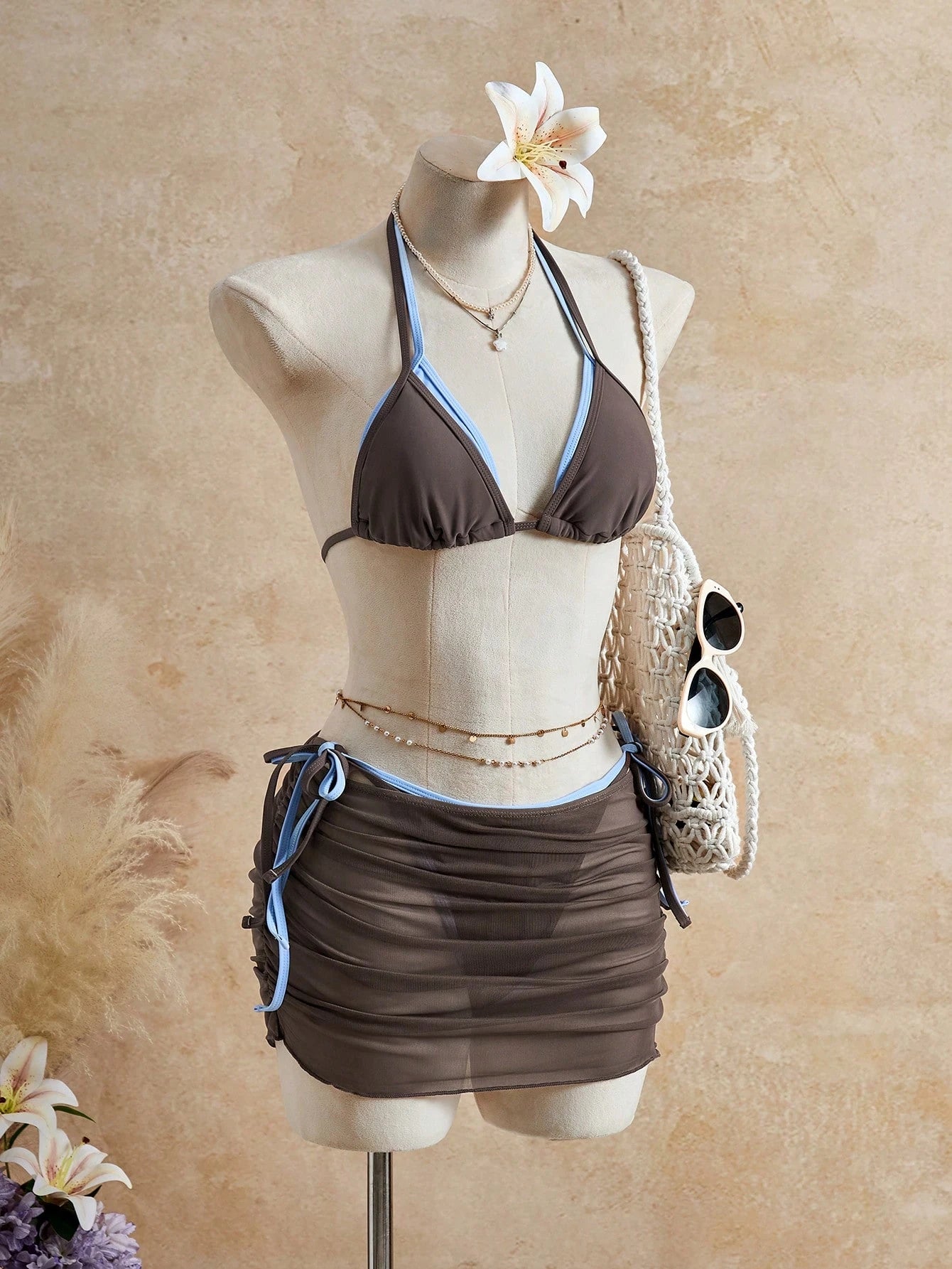 Women's Halter Brown Contrast Color Bikini Set, Mesh Skirt Cover-Up, Chic 3 Piece Swimsuit,Vacation Pool/Yacht Boat Party Summer,Casual Sexy Beachwear