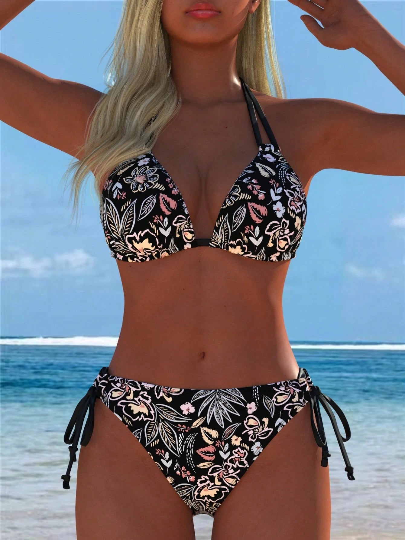 Women's Halter Floral Print Bikini Set, Tie-Side Swim Bottom 2-Piece Swimsuit, Casual Beach Outfit, New Holiday Summer Vacation Set, Boho Chic