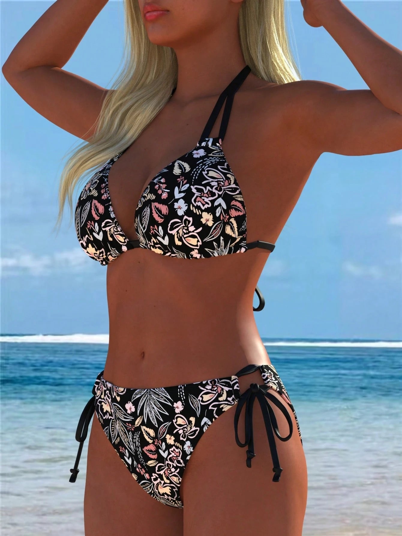 Women's Halter Floral Print Bikini Set, Tie-Side Swim Bottom 2-Piece Swimsuit, Casual Beach Outfit, New Holiday Summer Vacation Set, Boho Chic