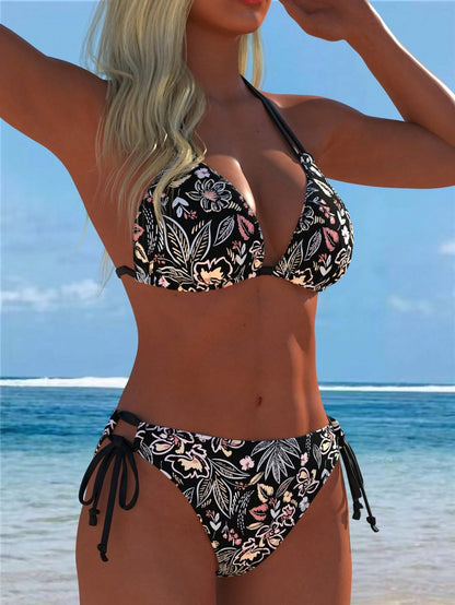 Women's Halter Floral Print Bikini Set, Tie-Side Swim Bottom 2-Piece Swimsuit, Casual Beach Outfit, New Holiday Summer Vacation Set, Boho Chic