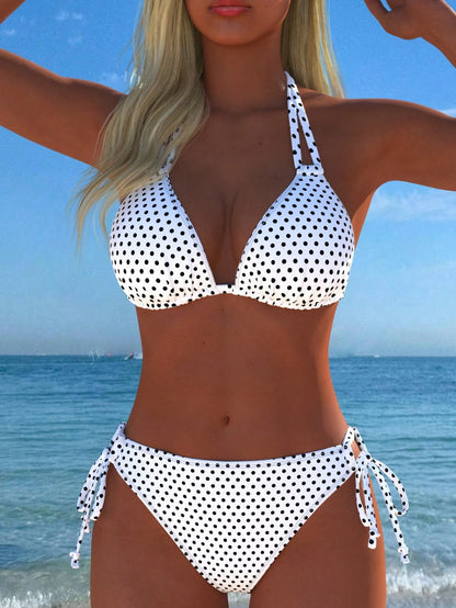 Women's Halter Neck Polka Dot Bikini Set, Sexy Casual Beachwear, New Summer Holiday Vacation Travel Outfit White