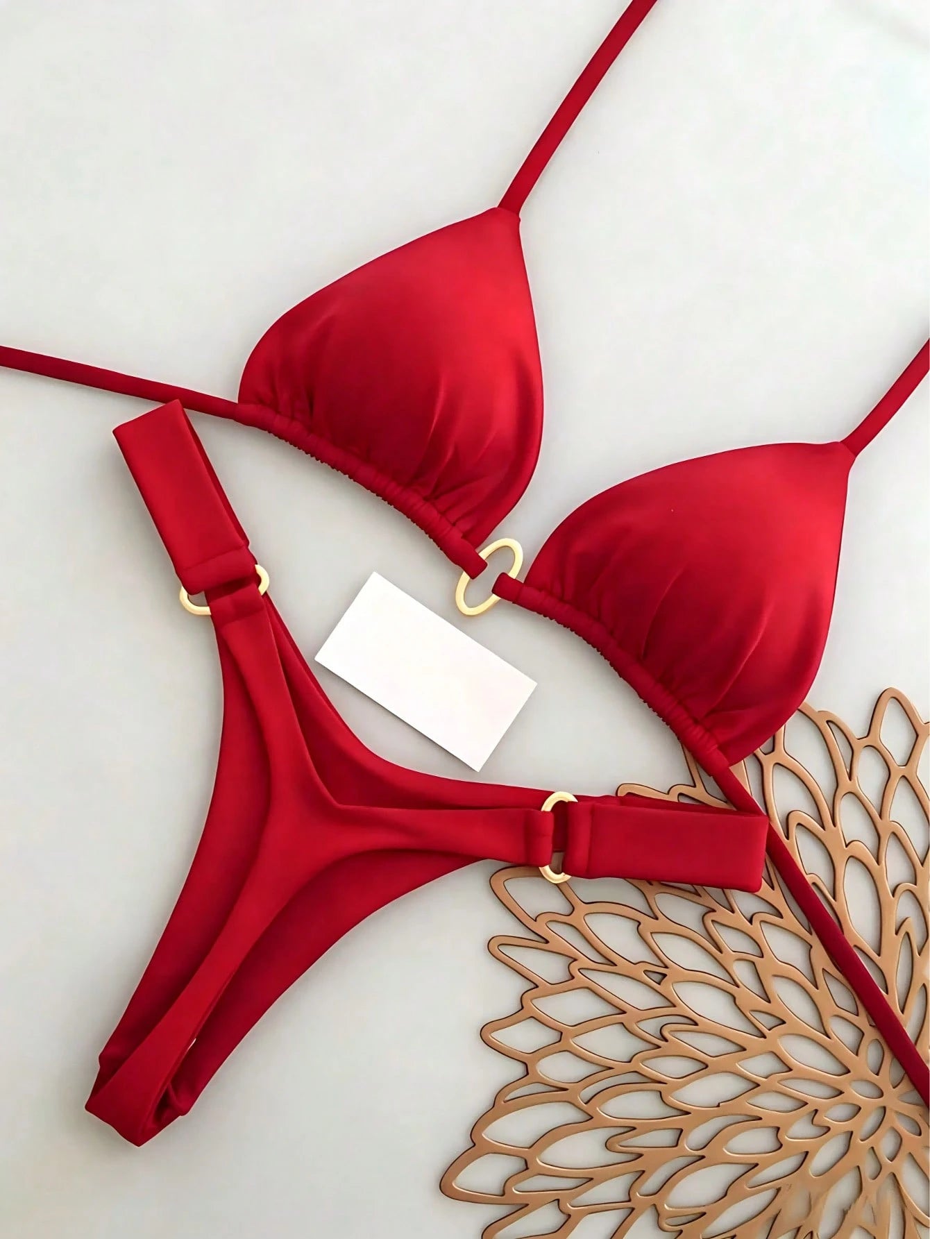 Women's Halter Tie Bikini Set, High Elasticity Red Swimwear Vacation Beach Summer