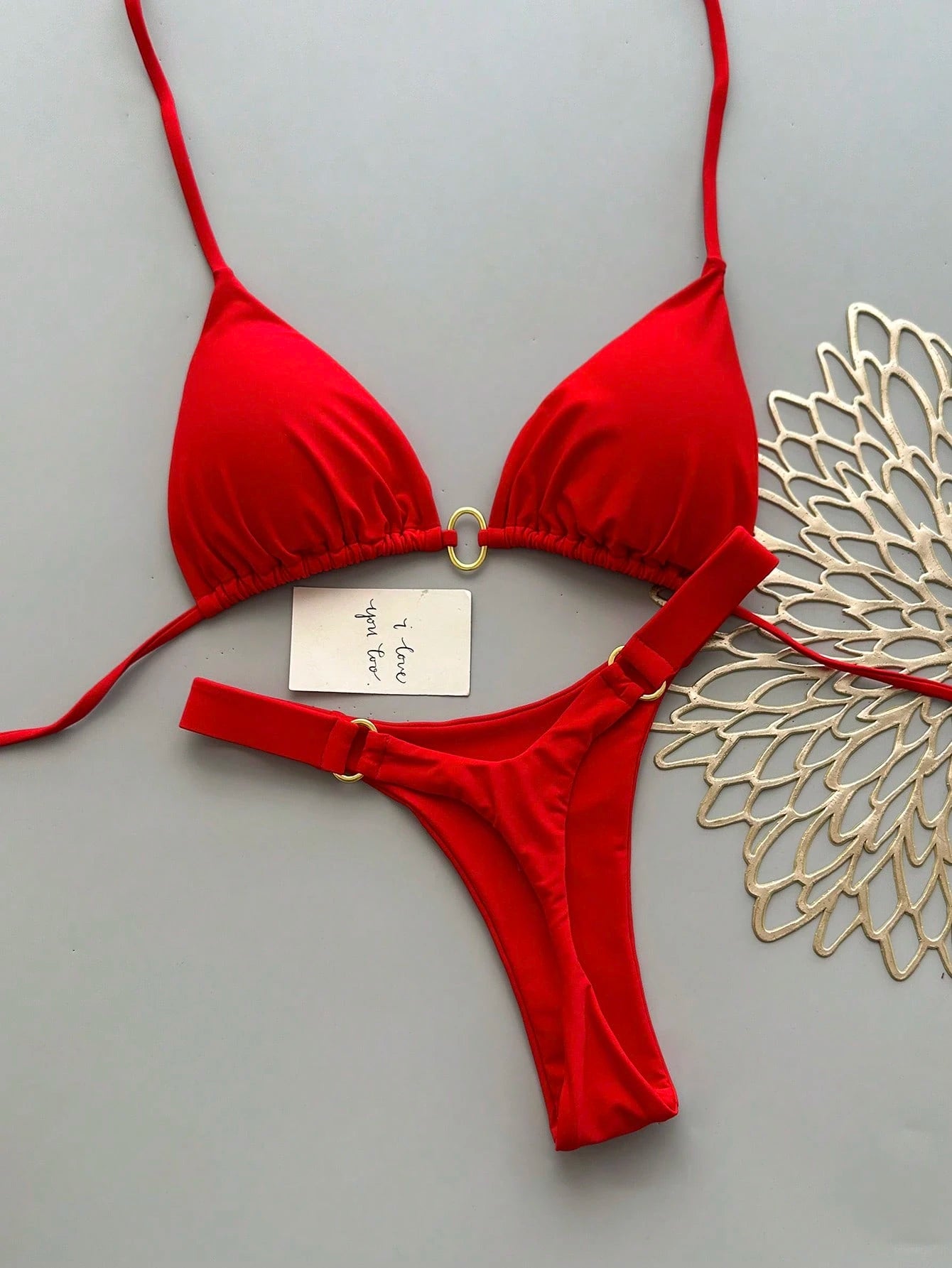 Women's Halter Tie Bikini Set, High Elasticity Red Swimwear Vacation Beach Summer