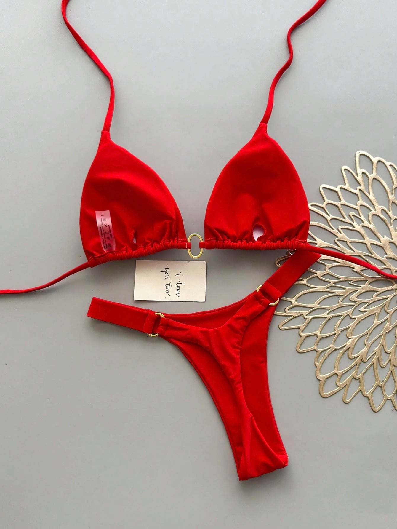 Women's Halter Tie Bikini Set, High Elasticity Red Swimwear Vacation Beach Summer