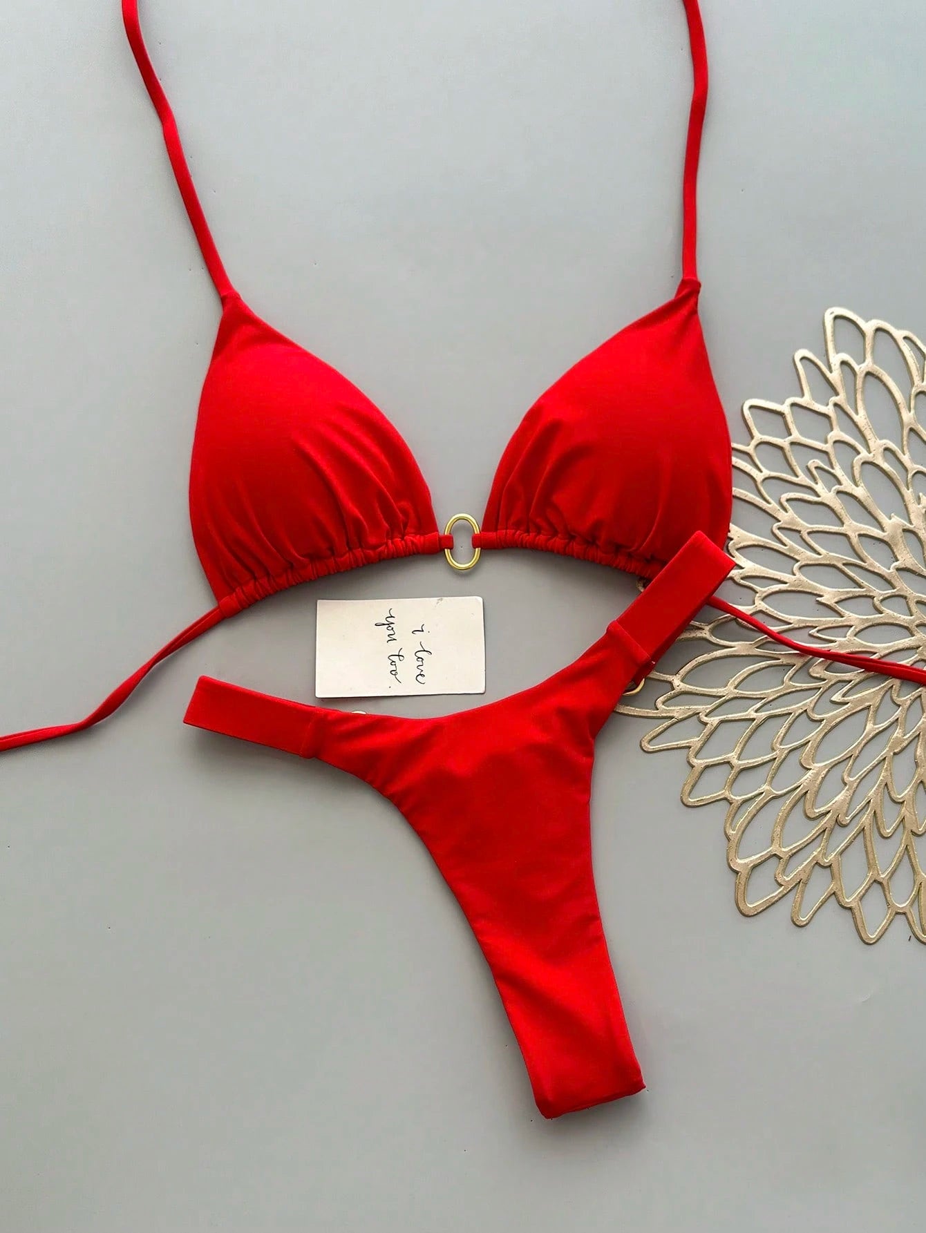 Women's Halter Tie Bikini Set, High Elasticity Red Swimwear Vacation Beach Summer