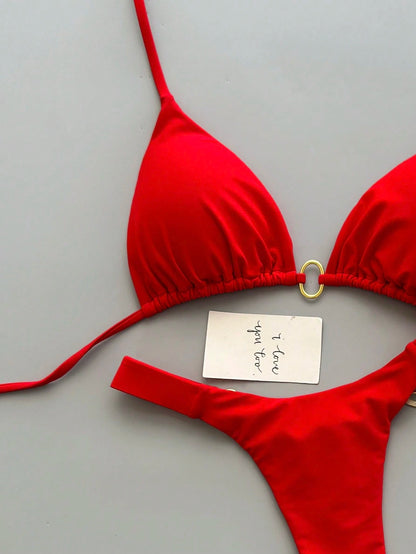 Women's Halter Tie Bikini Set, High Elasticity Red Swimwear Vacation Beach Summer