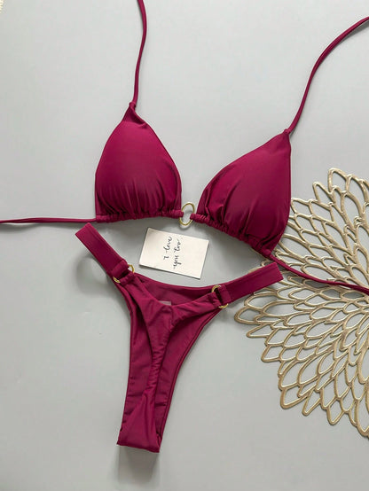 Women's Halter Tie Bikini Set, High Elasticity Red Swimwear Vacation Beach Summer