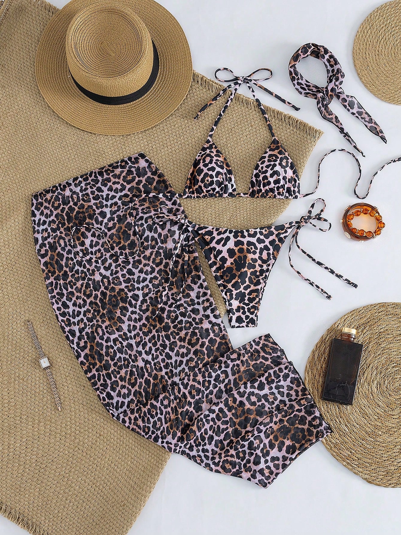 Women's Halter Tie Sexy Elegant Comfortable Bikini Set, Leopard Print, High Stretch Fabric, Beach Cover-Up, Mesh Headscarf, Suitable For Beach, Resort, Swimming Pool Party, 4-Piece Swimwear Set, Sprin
