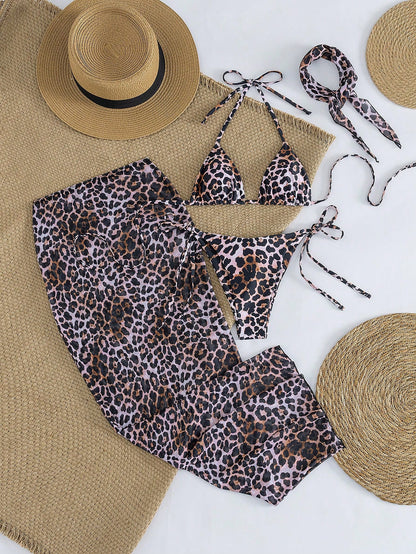 Women's Halter Tie Sexy Elegant Comfortable Bikini Set, Leopard Print, High Stretch Fabric, Beach Cover-Up, Mesh Headscarf, Suitable For Beach, Resort, Swimming Pool Party, 4-Piece Swimwear Set, Sprin
