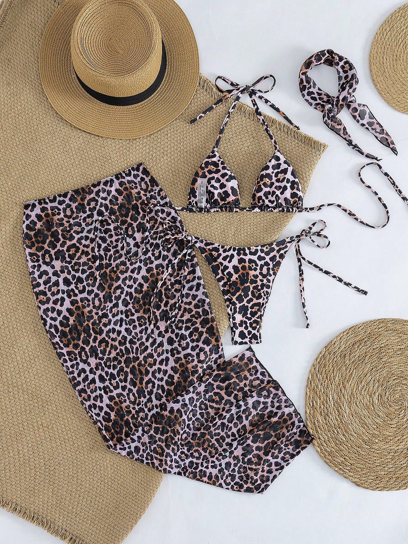 Women's Halter Tie Sexy Elegant Comfortable Bikini Set, Leopard Print, High Stretch Fabric, Beach Cover-Up, Mesh Headscarf, Suitable For Beach, Resort, Swimming Pool Party, 4-Piece Swimwear Set, Sprin