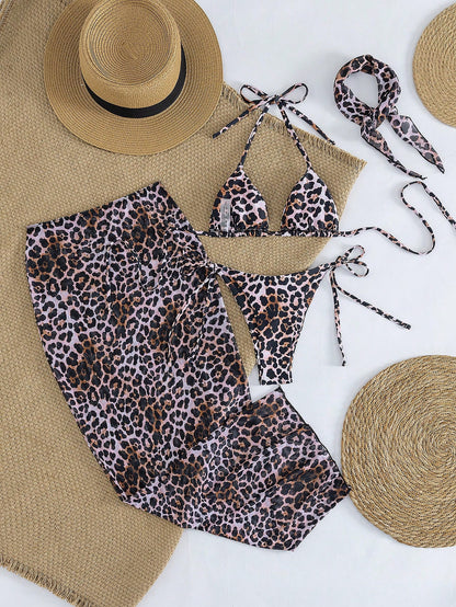 Women's Halter Tie Sexy Elegant Comfortable Bikini Set, Leopard Print, High Stretch Fabric, Beach Cover-Up, Mesh Headscarf, Suitable For Beach, Resort, Swimming Pool Party, 4-Piece Swimwear Set, Sprin
