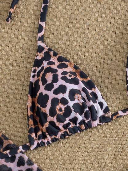 Women's Halter Tie Sexy Elegant Comfortable Bikini Set, Leopard Print, High Stretch Fabric, Beach Cover-Up, Mesh Headscarf, Suitable For Beach, Resort, Swimming Pool Party, 4-Piece Swimwear Set, Sprin