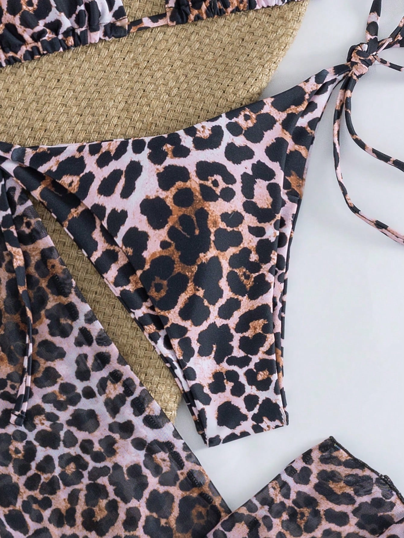 Women's Halter Tie Sexy Elegant Comfortable Bikini Set, Leopard Print, High Stretch Fabric, Beach Cover-Up, Mesh Headscarf, Suitable For Beach, Resort, Swimming Pool Party, 4-Piece Swimwear Set, Sprin