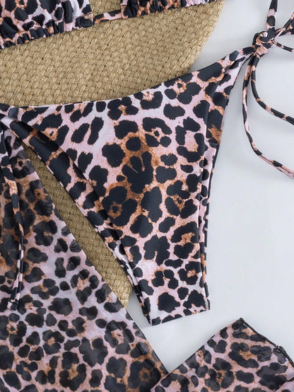 Women's Halter Tie Sexy Elegant Comfortable Bikini Set, Leopard Print, High Stretch Fabric, Beach Cover-Up, Mesh Headscarf, Suitable For Beach, Resort, Swimming Pool Party, 4-Piece Swimwear Set, Sprin