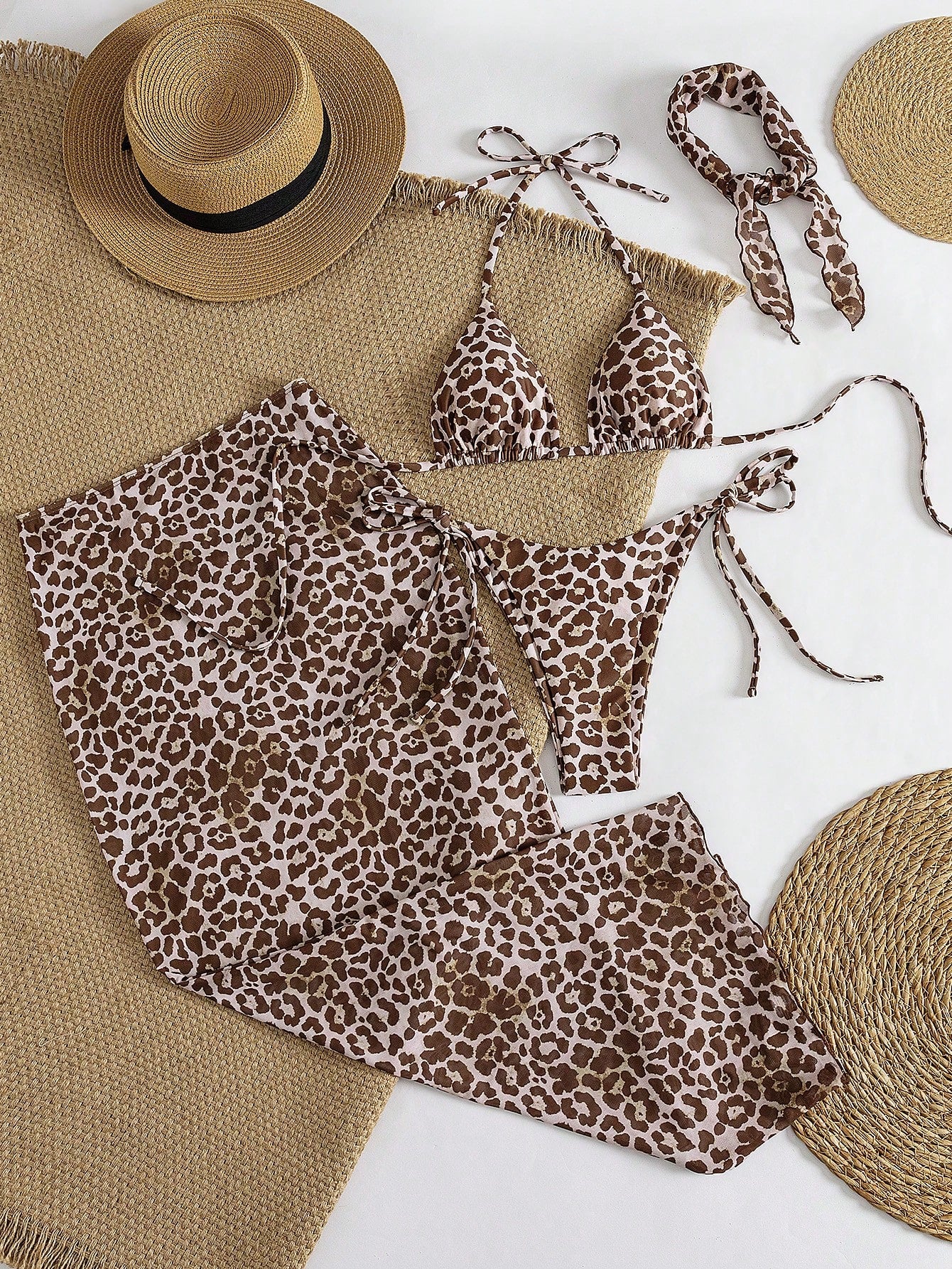 Women's Halter Tie Sexy Elegant Comfortable Bikini Set, Leopard Print, High Stretch Fabric, Beach Cover-Up, Mesh Headscarf, Suitable For Beach, Resort, Swimming Pool Party, 4-Piece Swimwear Set, Sprin