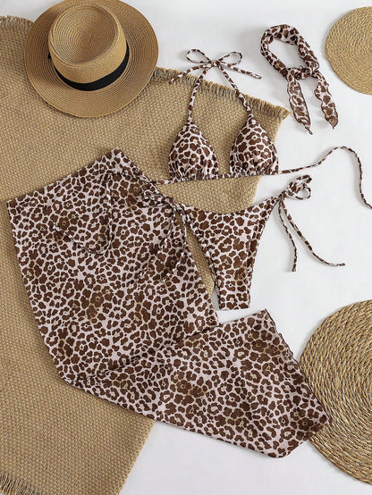 Women's Halter Tie Sexy Elegant Comfortable Bikini Set, Leopard Print, High Stretch Fabric, Beach Cover-Up, Mesh Headscarf, Suitable For Beach, Resort, Swimming Pool Party, 4-Piece Swimwear Set, Sprin