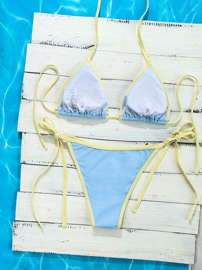 Women's Halter Tie Side Triangle Bikini Set Contrast Color Blue Light Blue Bikini,Summer Casual Beach Holiday Vacation Yacht Boat Party Outfit