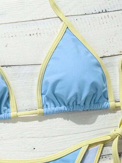 Women's Halter Tie Side Triangle Bikini Set Contrast Color Blue Light Blue Bikini,Summer Casual Beach Holiday Vacation Yacht Boat Party Outfit