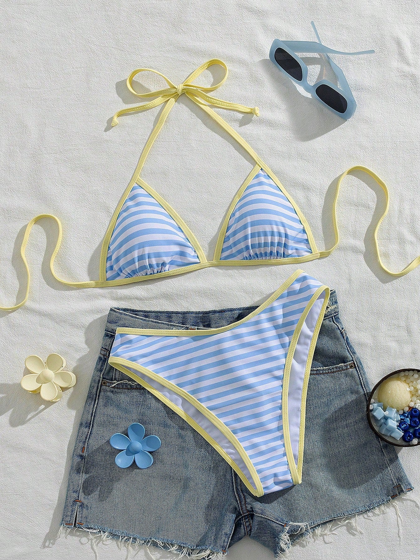 Women's Halter Tie Solid Color Sexy Bikini Swimwear Set, Halter Tie Backless Women's Swimwear, Double-Layer Fabric Vacation Beach Summer