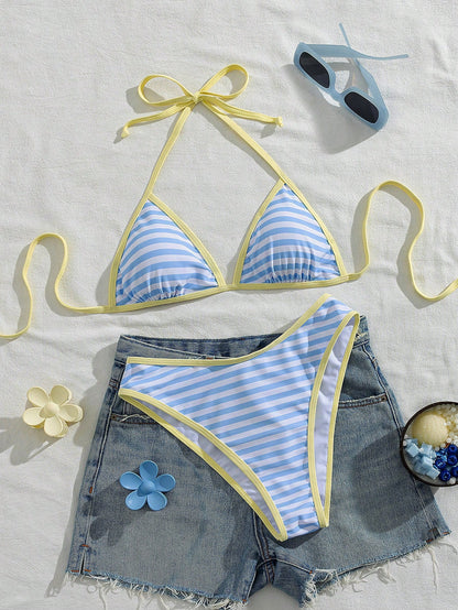 Women's Halter Tie Solid Color Sexy Bikini Swimwear Set, Halter Tie Backless Women's Swimwear, Double-Layer Fabric Vacation Beach Summer
