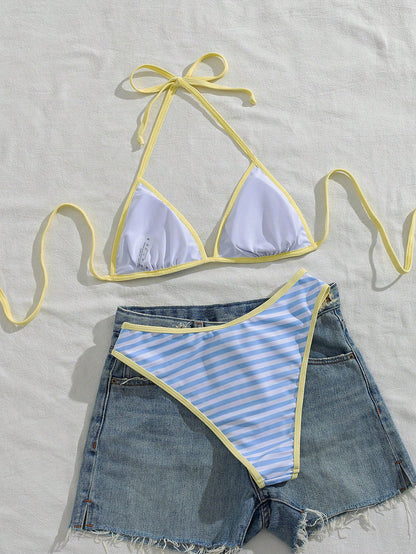 Women's Halter Tie Solid Color Sexy Bikini Swimwear Set, Halter Tie Backless Women's Swimwear, Double-Layer Fabric Vacation Beach Summer