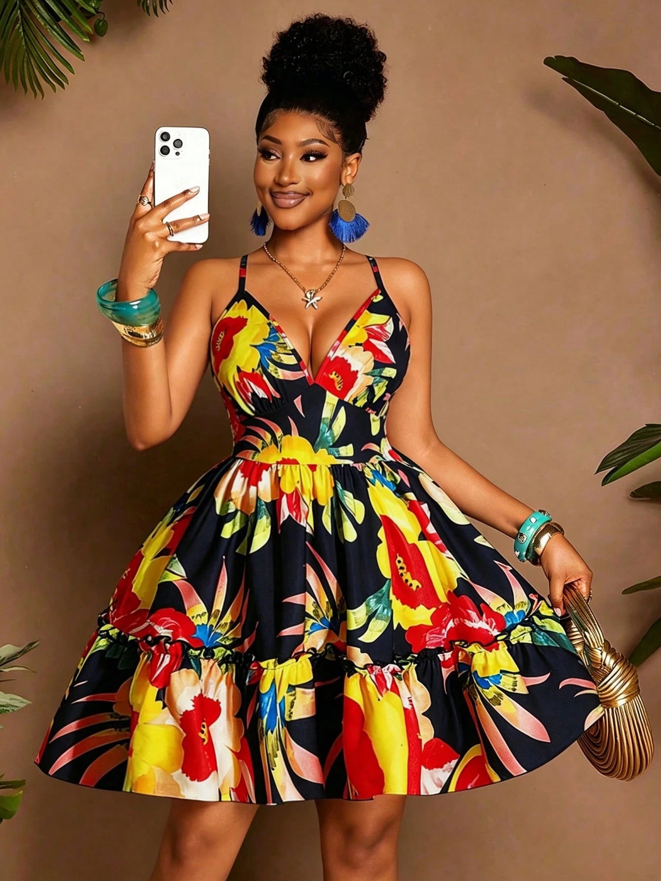 Women's Halter V-Neck Backless Black Floral Maxi Dress,Summer Boho Holiday Vacation Tropical Print Elastic Waist Ruffled Hem A-Line Beach Party Dress