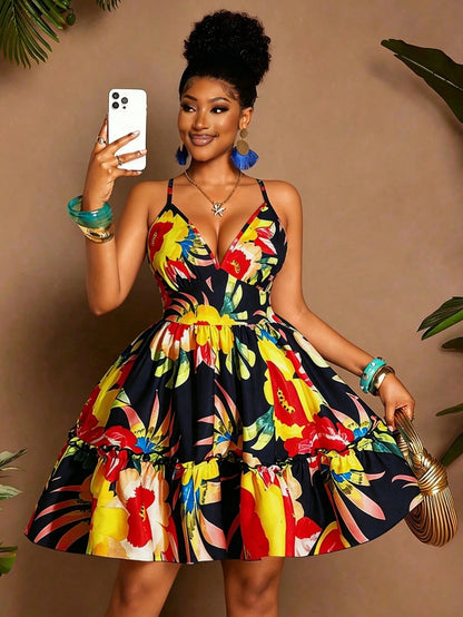 Women's Halter V-Neck Backless Black Floral Maxi Dress,Summer Boho Holiday Vacation Tropical Print Elastic Waist Ruffled Hem A-Line Beach Party Dress