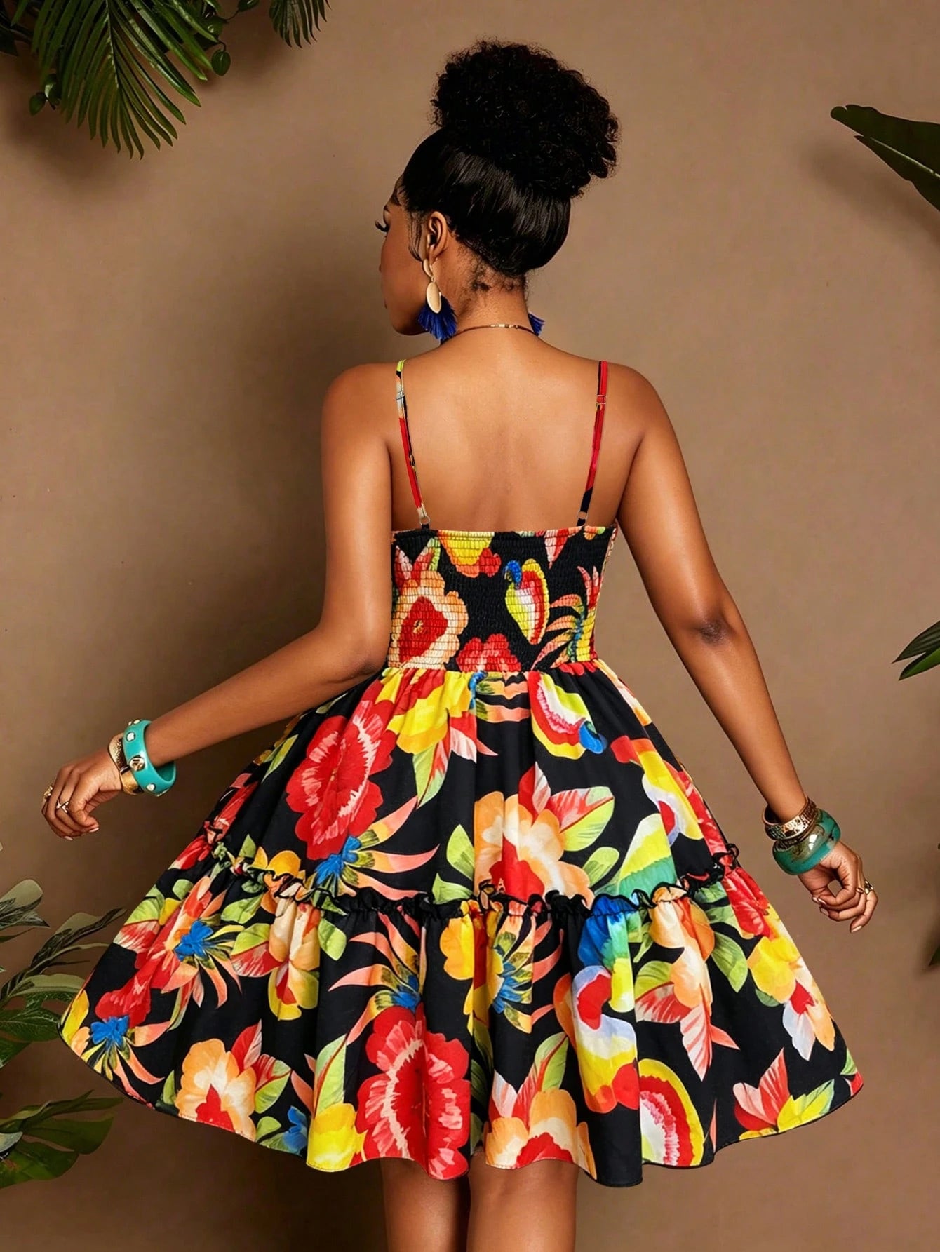 Women's Halter V-Neck Backless Black Floral Maxi Dress,Summer Boho Holiday Vacation Tropical Print Elastic Waist Ruffled Hem A-Line Beach Party Dress