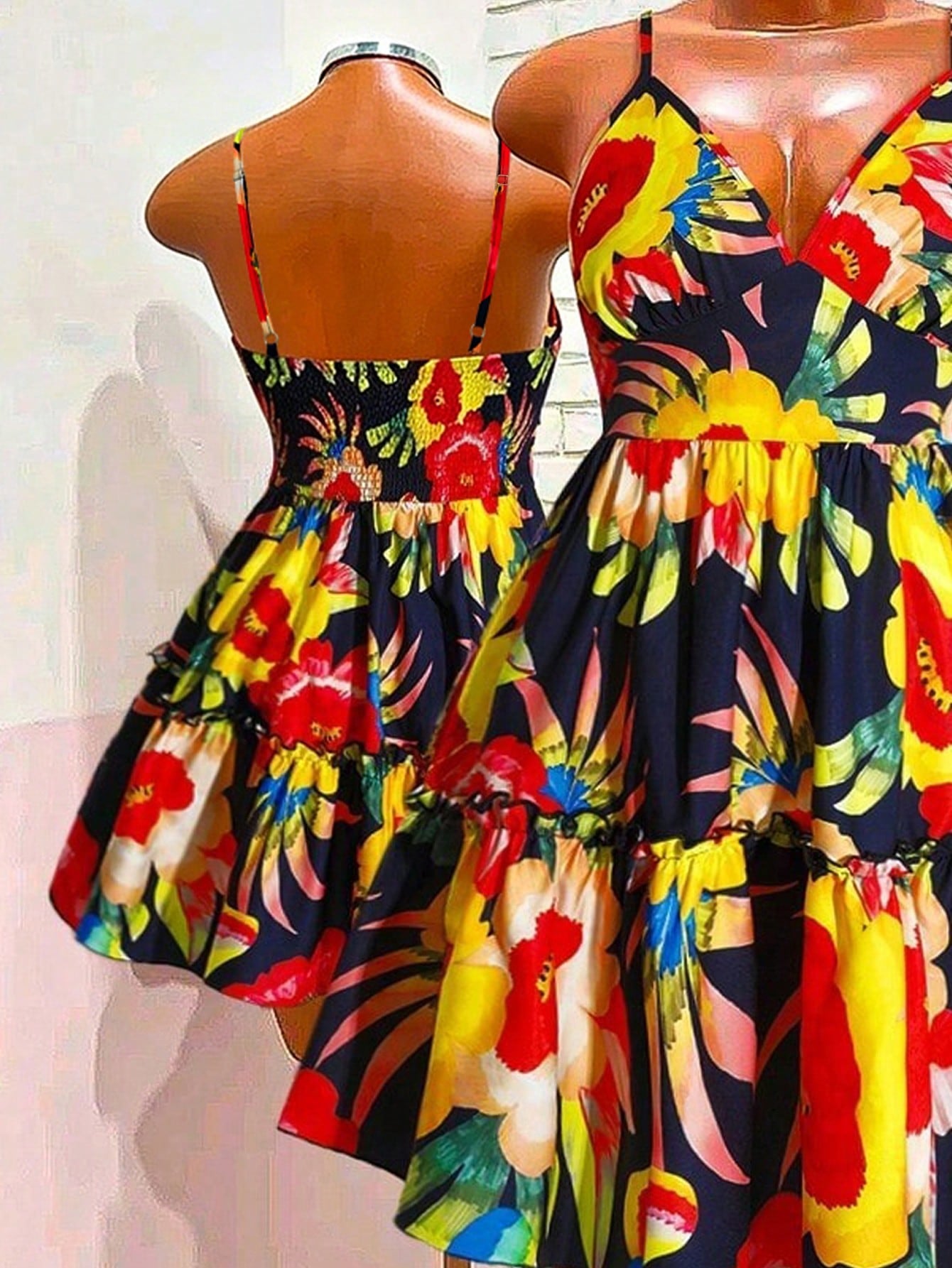 Women's Halter V-Neck Backless Black Floral Maxi Dress,Summer Boho Holiday Vacation Tropical Print Elastic Waist Ruffled Hem A-Line Beach Party Dress