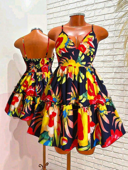 Women's Halter V-Neck Backless Black Floral Maxi Dress,Summer Boho Holiday Vacation Tropical Print Elastic Waist Ruffled Hem A-Line Beach Party Dress